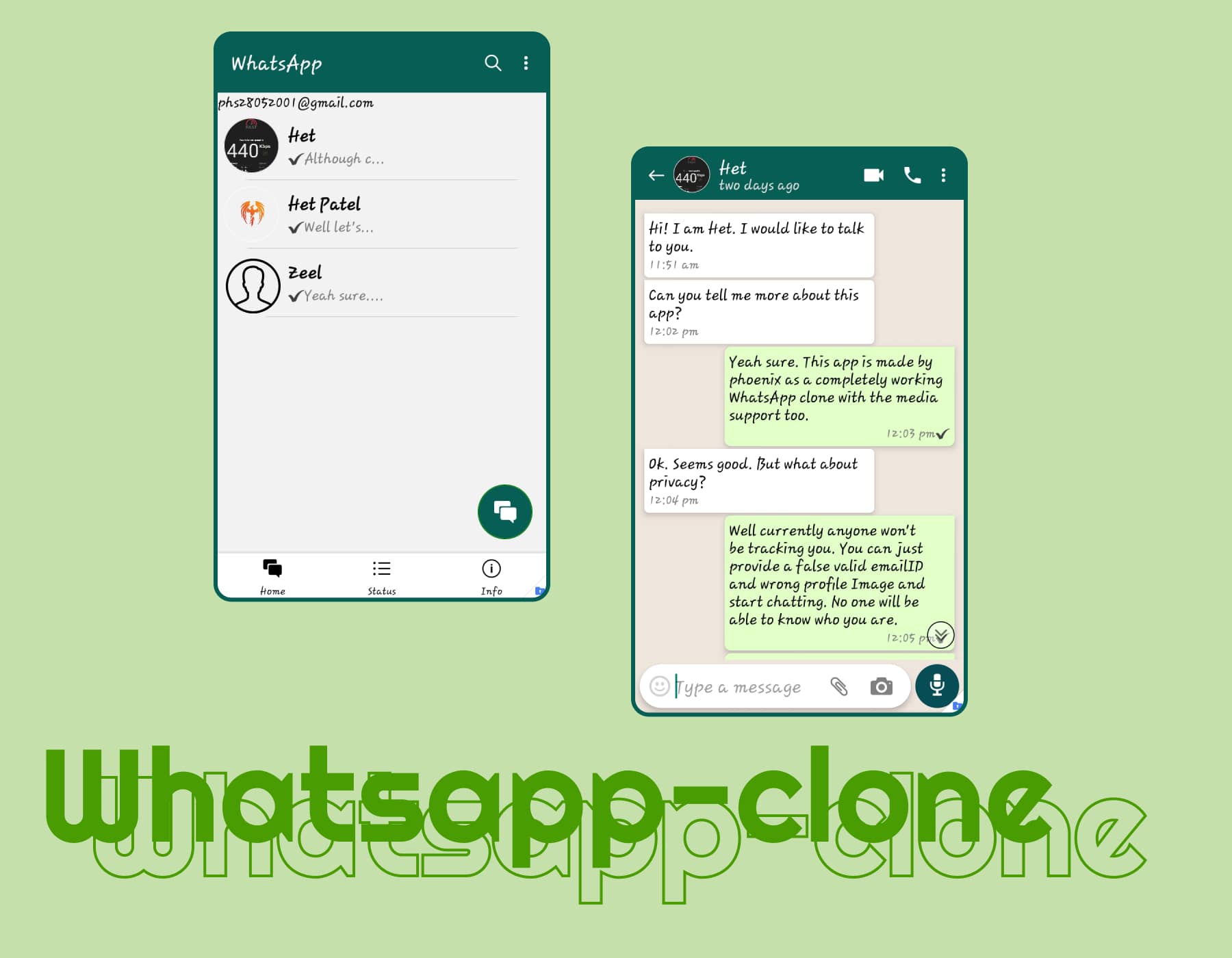 Whatsapp clone apps home and chat pages.